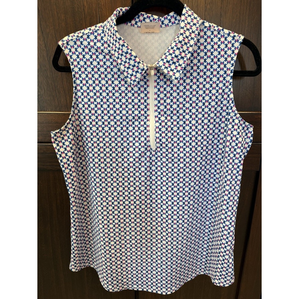 Jofit Tank Top Women's Sz L Ivory Blue Geometric 1/4‎ Zip Sleeveless Tennis Golf